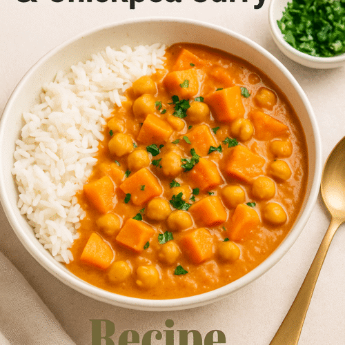 Cover image reading "Vegan Sweet Potato & Chickpea Curry" with the RecipeHistory.co logo centered on the bottom.