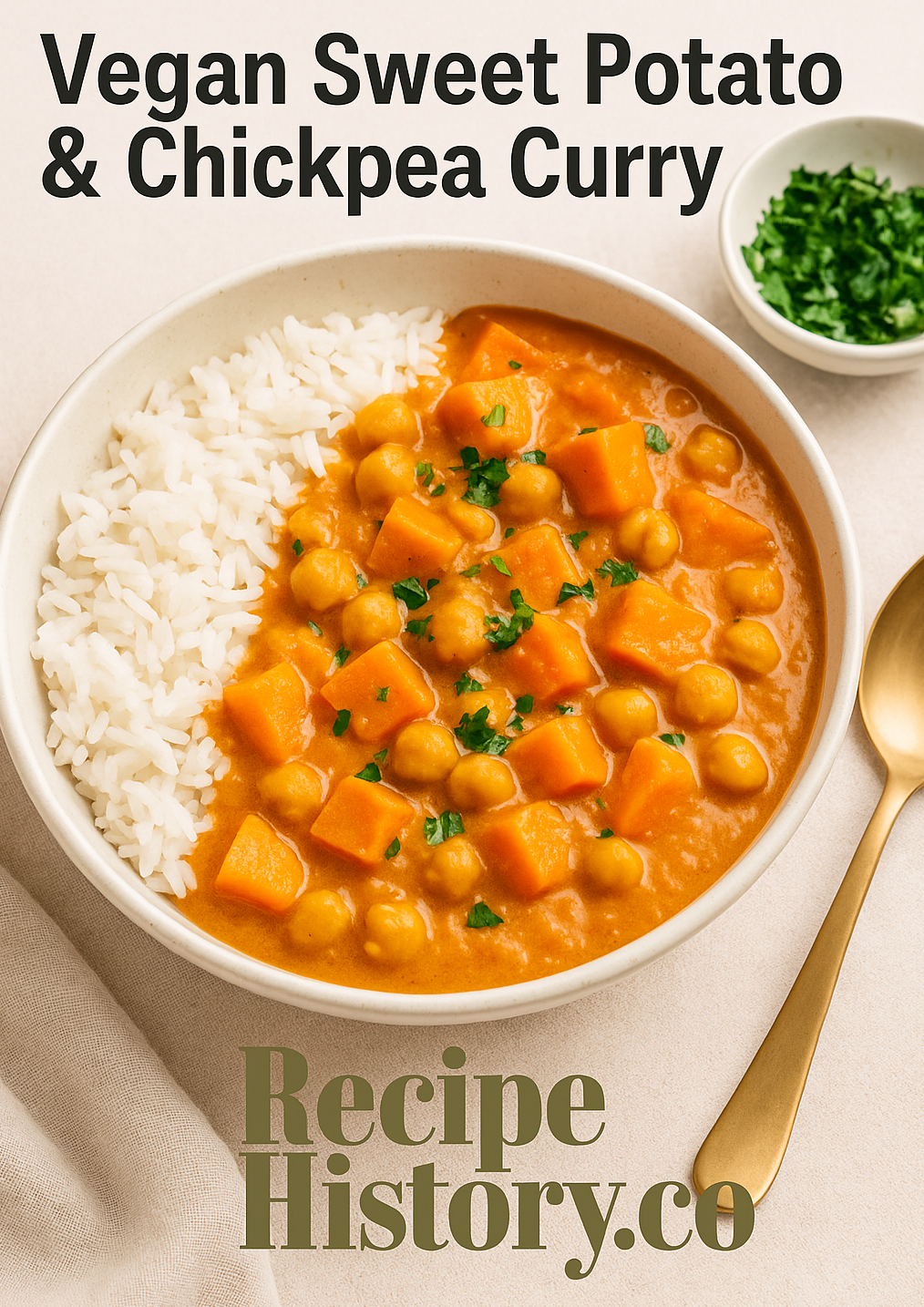 Cover image reading "Vegan Sweet Potato & Chickpea Curry" with the RecipeHistory.co logo centered on the bottom.