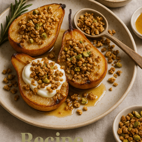 Cover image reading "Manuka Honey-Roasted Pears with Rosemary & Pistachio Crumble" with the RecipeHistory.co logo centered on the bottom.