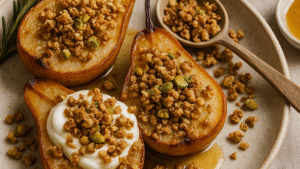 A brown plate with a wooden brown spoon; on the plate are Manuka Honey-Roasted Pears with Rosemary and Pistachio Crumble.