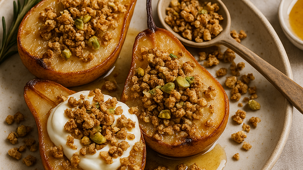 Rosemary & Pistachio Crumble Roasted Pears with Manuka Honey
