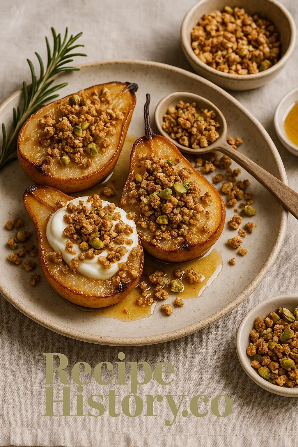 Cover image reading "Manuka Honey-Roasted Pears with Rosemary & Pistachio Crumble" with the RecipeHistory.co logo centered on the bottom.