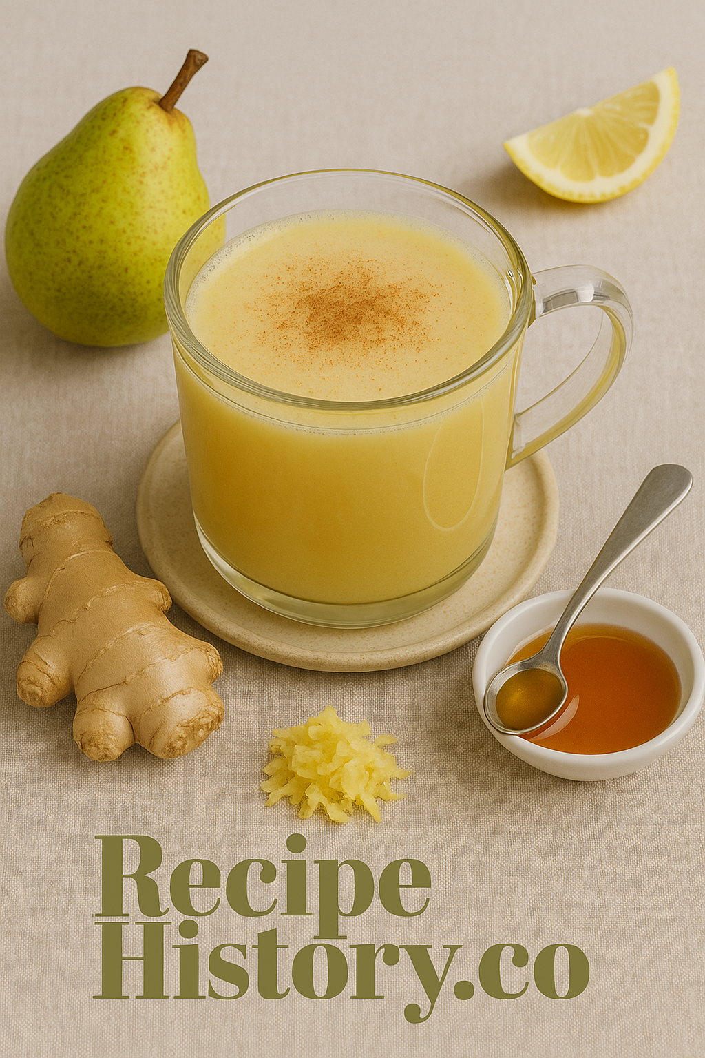 Cover image reading "Ginger Pear Elixir" with the RecipeHistory.co logo centered on the bottom.