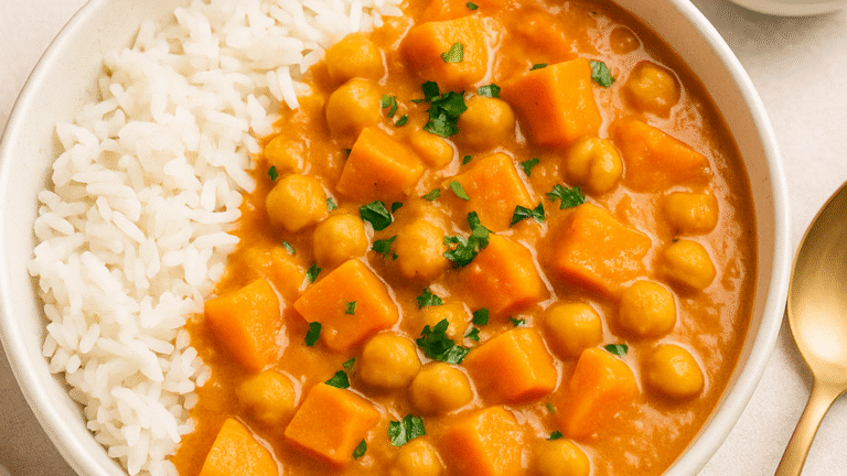 A white bowl filled with Vegan Sweet Potato & Chickpea Curry.