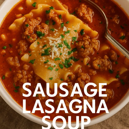 Cover image reading "Sausage Lasagna Soup" with the RecipeHistory.co logo centered on the bottom.