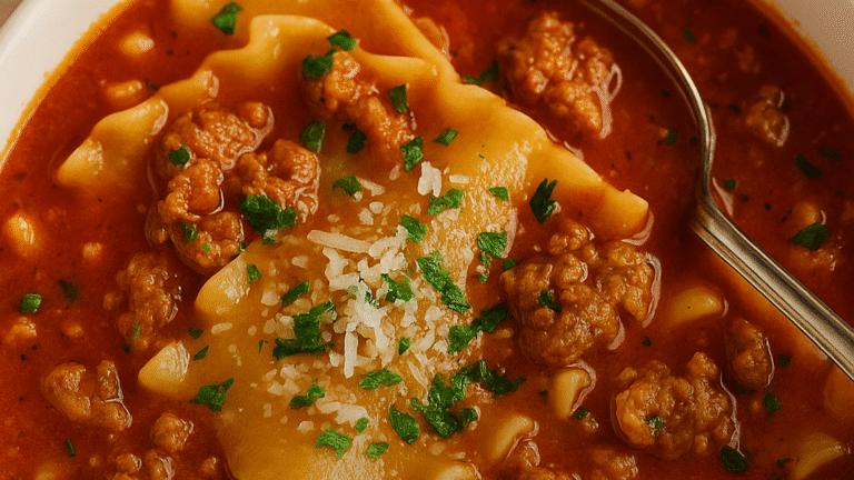 A bowl of Sausage Lasagna Soup and a metal spoon in the soup.