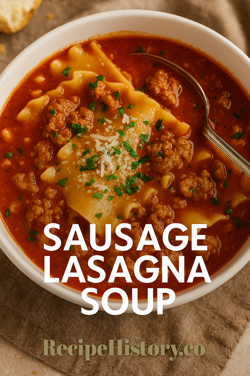 Cover image reading "Sausage Lasagna Soup" with the RecipeHistory.co logo centered on the bottom.