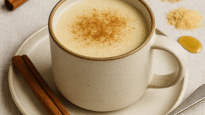 A tan mug sitting on a tan plate with two cinnamon sticks lying to the side. The mug is full of Moon milk.