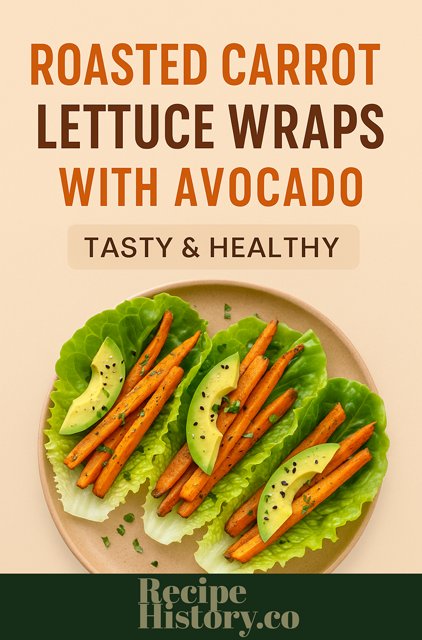 Cover image reading "Roasted Carrot Lettuce Wraps with Avocado" with the RecipeHistory.co logo centered on the bottom.