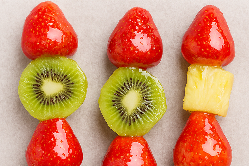 Three Tanghulu featuring strawberries, kiwi, and pineapple.