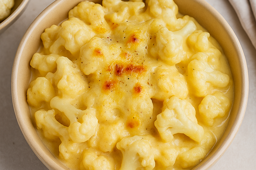 Cauliflower Mac and Cheese in a white bowl.