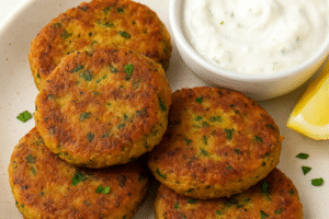 Illustration showing 5 Mediterranean Chickpea Fritters on a plate beside a lemon and a small bowl of white creamy sauce.