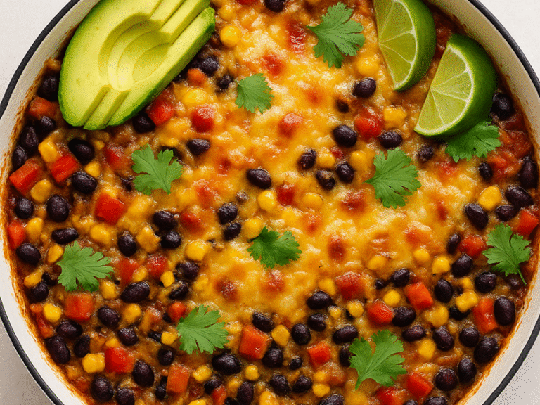 Illustration of a bowl filled with One-Pan Veggie Enchilada Casserole.