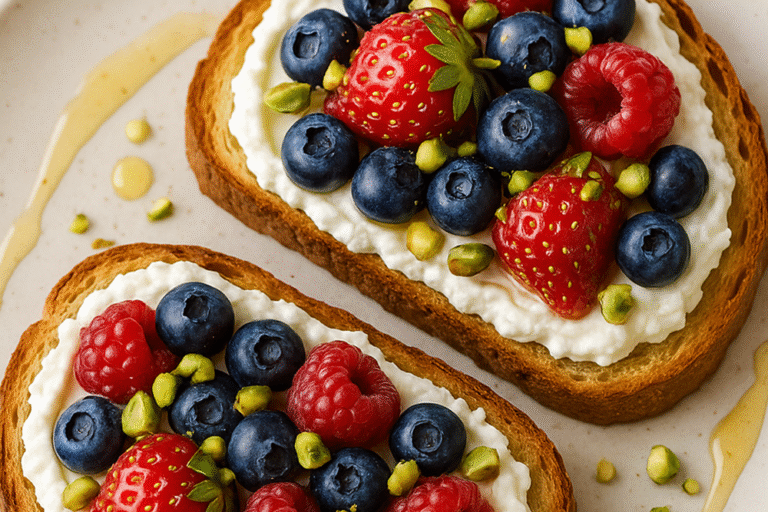 Whipped Cottage Cheese Toast with Honeyed Berries and Pistachios