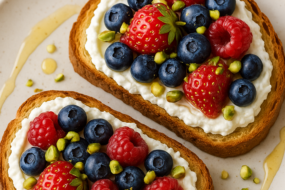 Two slices of Whipped Cottage Cheese Toast on a plate