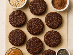 No-Bake Chocolate Chia Cookies laid out on a cutting board.
