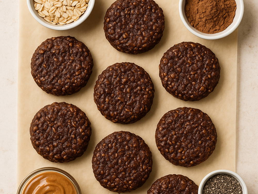 Cutting board with No-Bake Chocolate Chia Cookies laid out, along with select toppings.